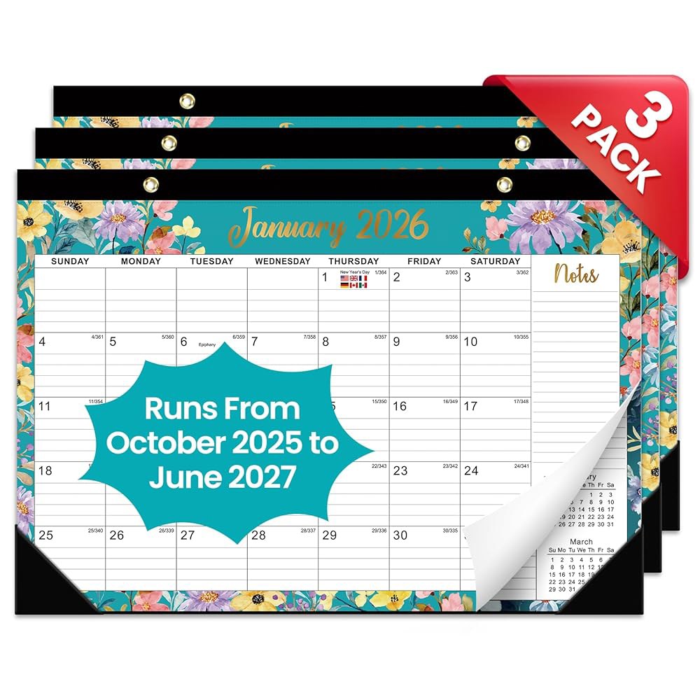 책상 달력 3팩, 2025-2026, 2025년 사무실용 월간 12인치) 대형 캘린더, 2027년 데스크톱/벽걸이 - 6월까지 21개월 꽃무늬 30.5cm(17 x 홈 43.2 - 상품 이미지