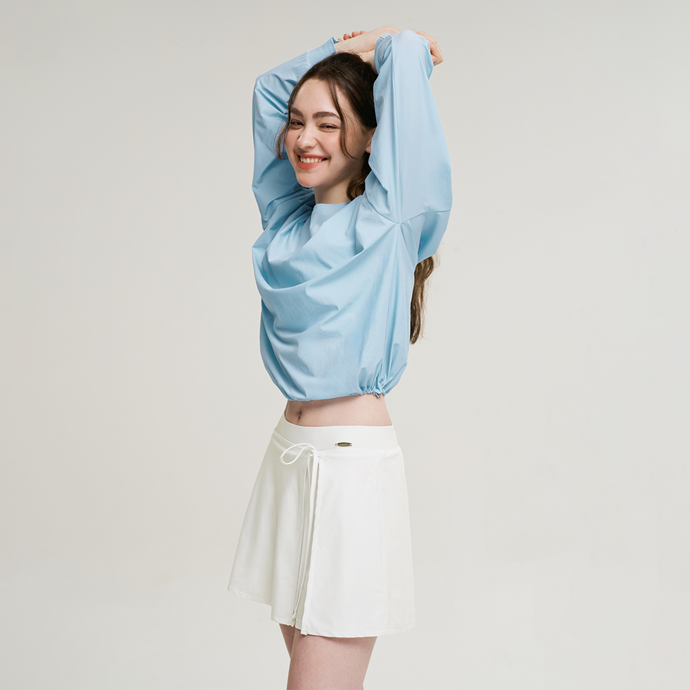 여성 에어파스텔 스트링 긴팔 래쉬가드 랩스커트 상하세트 체형커버 루즈핏 스카이블루 - 상세 이미지 5