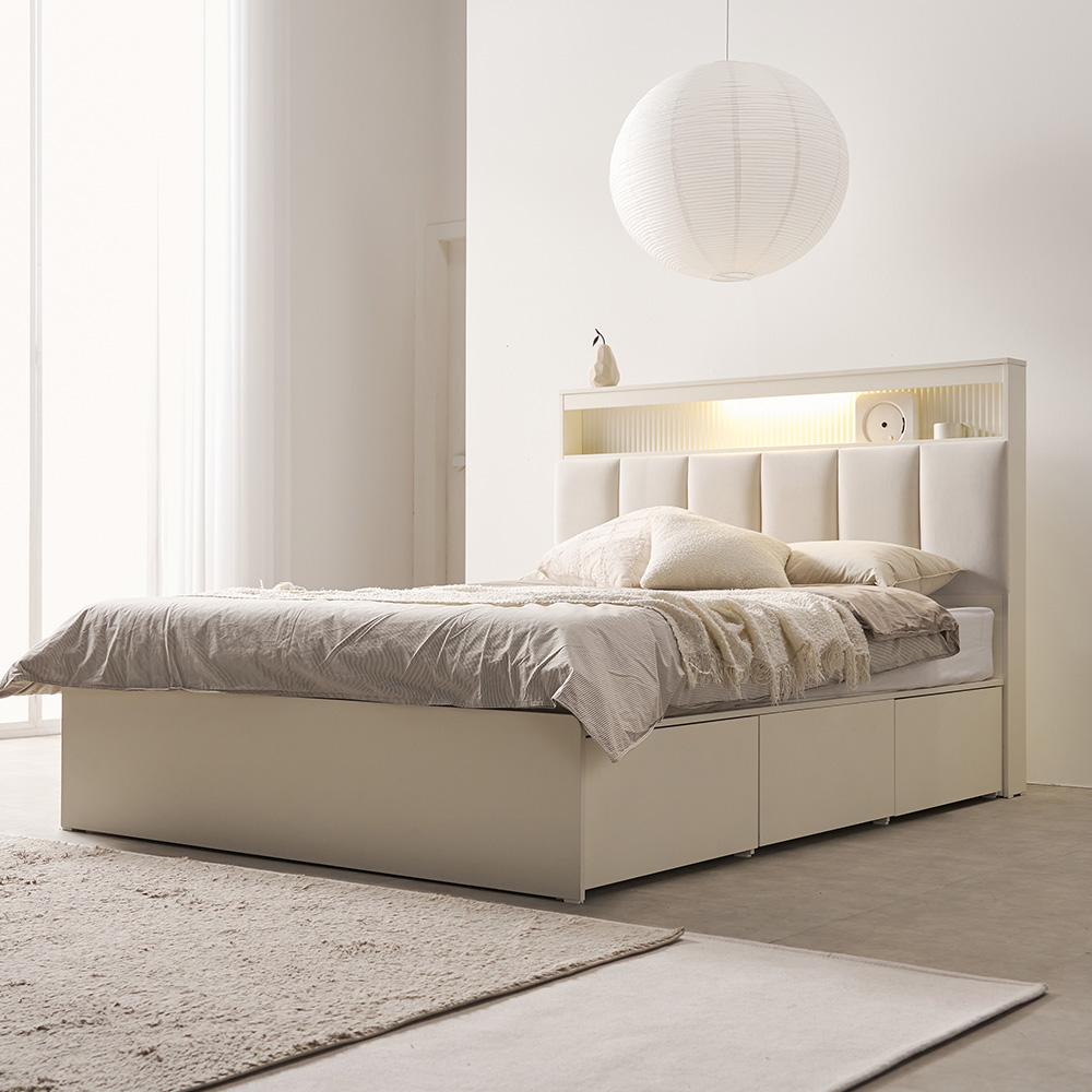 무디켄 엘리오 LED 패브릭 템바보드 호텔 헤드 수납 침대프레임 Q(퀸), 밀키 크리스탈