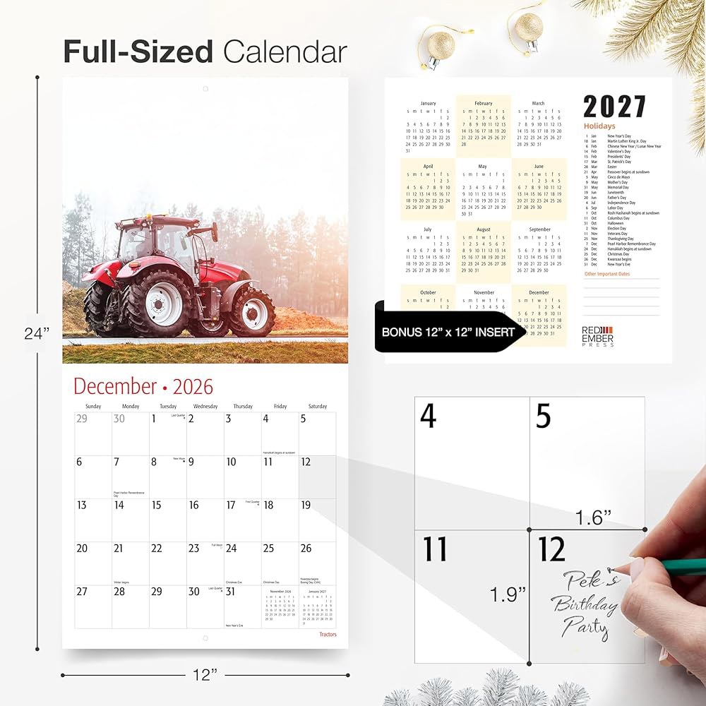 Tractors 2026 벽 달력 12개월 24인치) 두껍고 종이 튼튼한 때 선물 61cm(12인치 펼쳤을 x 30.5cm 01 - Tractors New 2026 - 상세 이미지 2