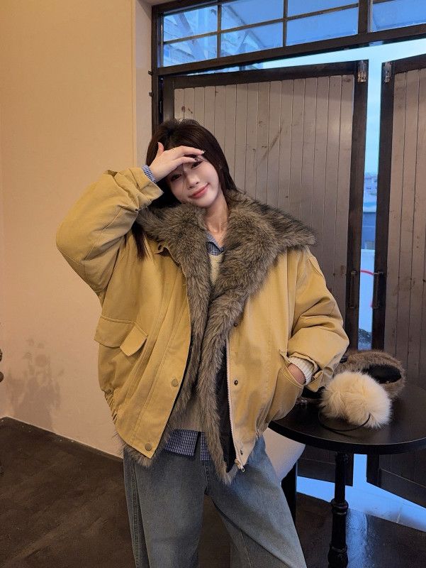 여성 빈티지 워크웨어 루즈핏 도톰한 퍼카라 포켓 지퍼 디테일 숏 자켓 점퍼 오버사이즈 코튼 블루종 아우터 데일리룩 - 상세 이미지 3