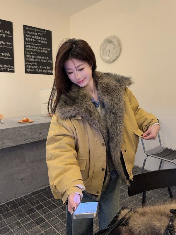 여성 빈티지 워크웨어 루즈핏 도톰한 퍼카라 포켓 지퍼 디테일 숏 자켓 점퍼 오버사이즈 코튼 블루종 아우터 데일리룩 - 상세 이미지 2