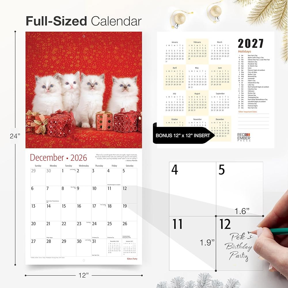 Kitten Party 2026 벽 달력 펼쳤을 x 종이 선물 24인치) 두껍고 12개월 61cm(12인치 30.5cm 때 튼튼한 04 Tuxedo Cats New 2026 - 상세 이미지 2