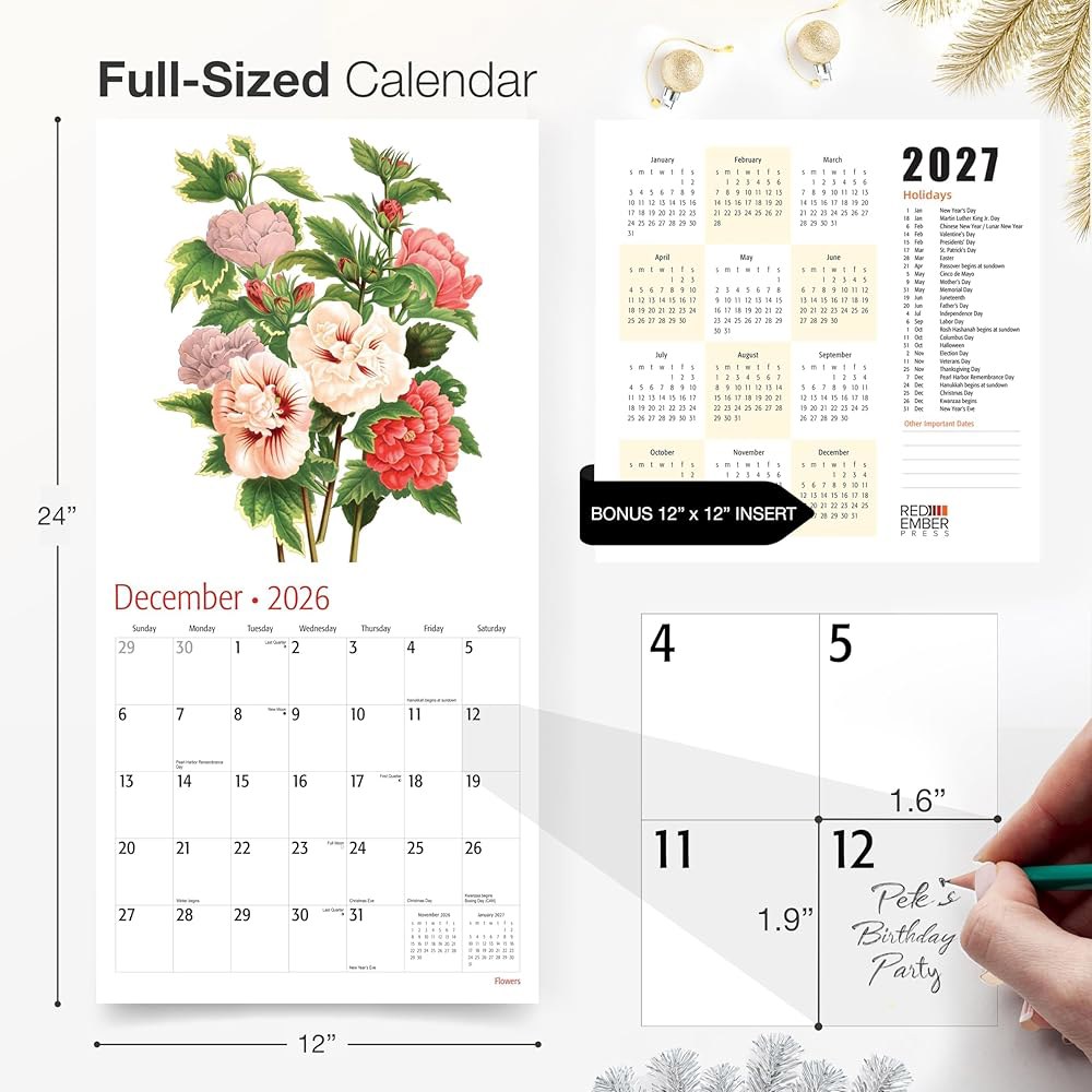 Flowers 2026 벽 달력 12개월 x 24인치) 휴일 아트 두껍고 61cm(12인치 정원 선물 자연 펼쳤을 캘린더 때 종이 튼튼한 30.5cm - 상세 이미지 2