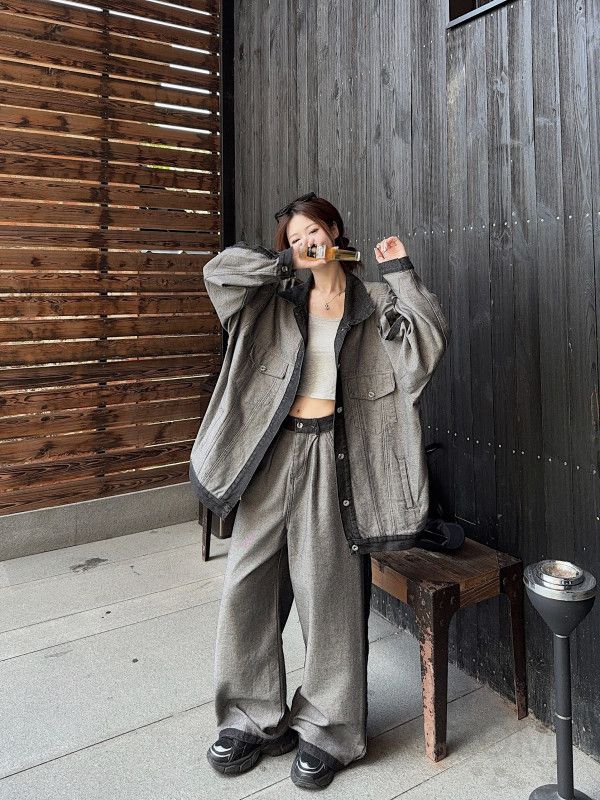 여성 스트릿 캐주얼 오버핏 데님 배색 라인 자켓 와이드 팬츠 코디 데일리룩 아웃핏 유니크 포켓 힙한 패션 스타일 아이템 - 상세 이미지 3