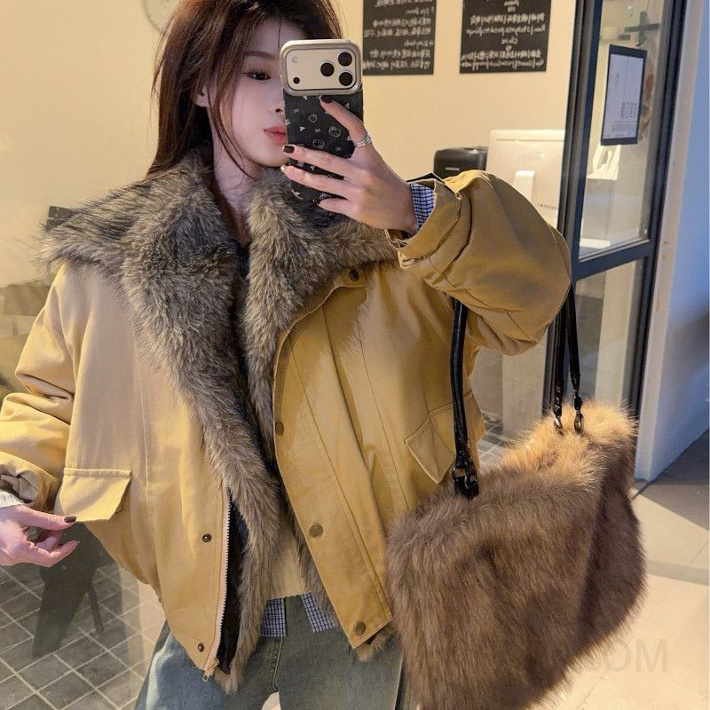 여성 빈티지 워크웨어 루즈핏 도톰한 퍼카라 포켓 지퍼 디테일 숏 자켓 점퍼 오버사이즈 코튼 블루종 아우터 데일리룩 - 상품 이미지