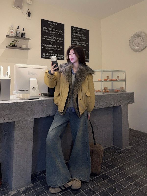 여성 빈티지 워크웨어 루즈핏 도톰한 퍼카라 포켓 지퍼 디테일 숏 자켓 점퍼 오버사이즈 코튼 블루종 아우터 데일리룩 - 상세 이미지 4
