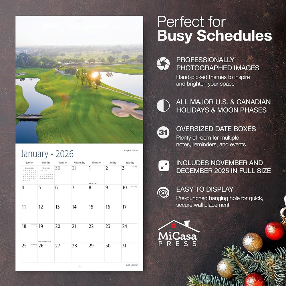 Golf Courses 2026 벽 달력 30.5cm 튼튼한 x 선물 12개월 두껍고 오픈 종이 61cm(12인치 24인치) - 상세 이미지 2