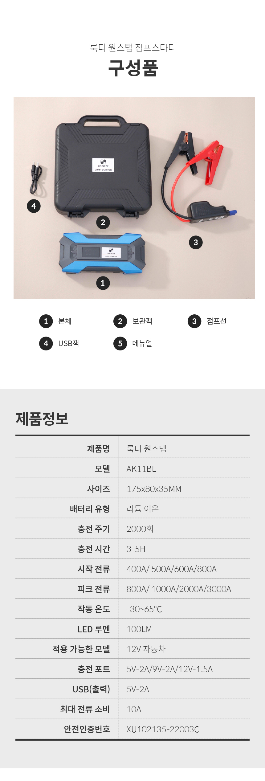 룩티 점프스타터 자동차 오토바이 차량 보조배터리 고속충전 12V