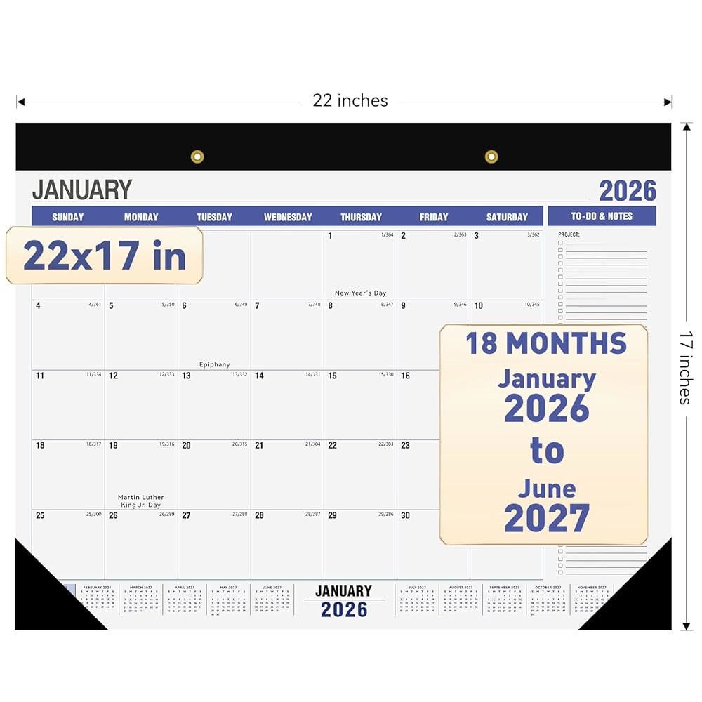 Denchware 2026-2027 대형 책상 달력, x 프로텍터, 오피스용 17인치), 1월-6월 코너 및 18월간 심플 목록 일 큰 - 43.2cm(2026 2026년 있는 - 상품 이미지