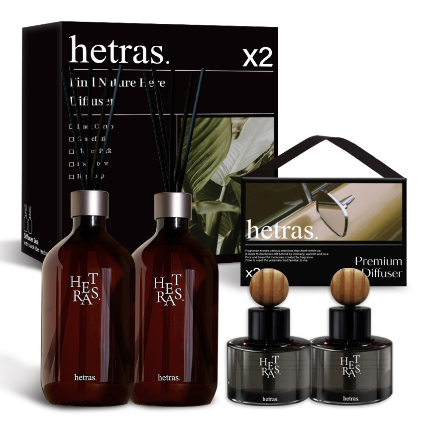 [기획세트]헤트라스 프리미엄 대용량 디퓨저 500ml 2개 +차량용 디퓨저 77ml 2개 선물세트