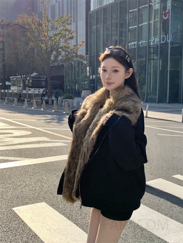 여성 레트로 빈티지 루즈핏 도톰한 퍼 배색 세일러 카라 지퍼 숏 점퍼 자켓 데일리룩 스트릿 무드 아우터 상의 - 상세 이미지 4