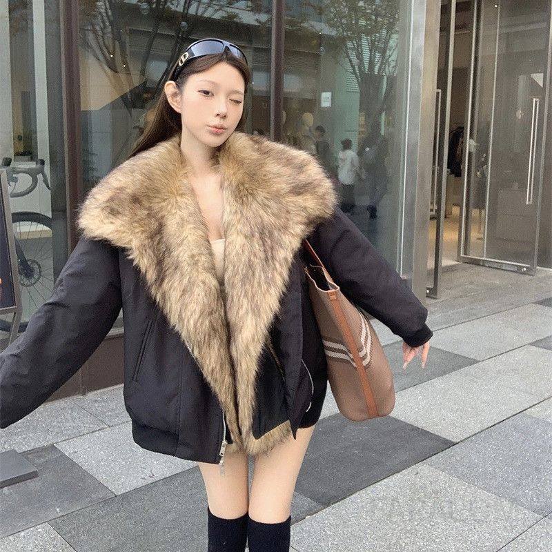 여성 레트로 빈티지 루즈핏 도톰한 퍼 배색 세일러 카라 지퍼 숏 점퍼 자켓 데일리룩 스트릿 무드 아우터 상의 - 상품 이미지