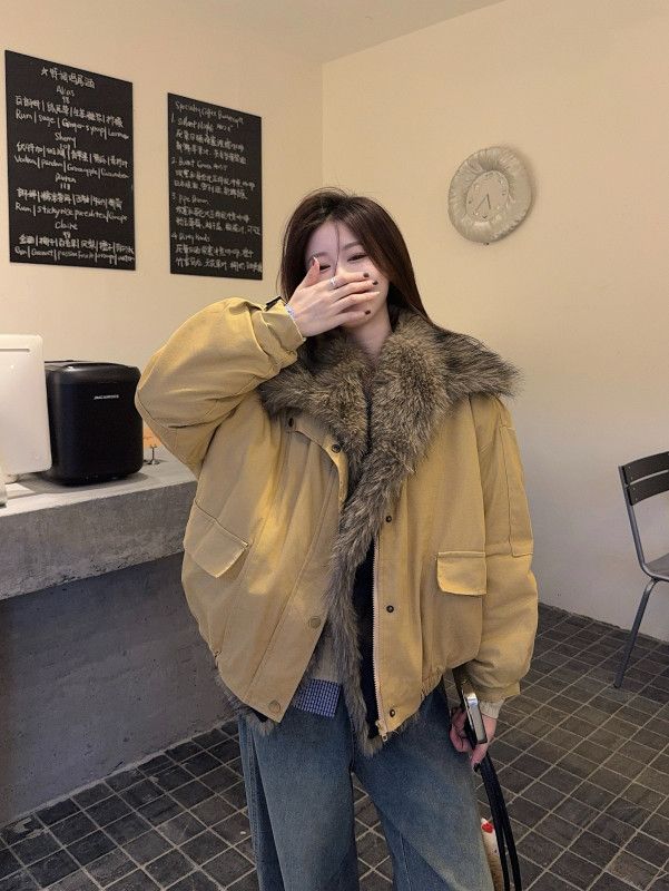 여성 빈티지 워크웨어 루즈핏 도톰한 퍼카라 포켓 지퍼 디테일 숏 자켓 점퍼 오버사이즈 코튼 블루종 아우터 데일리룩 - 상세 이미지 5