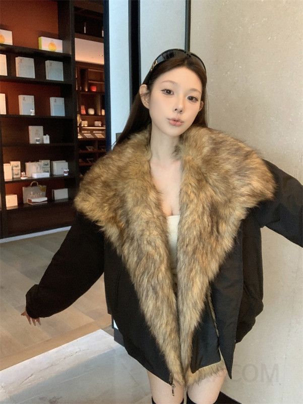 여성 레트로 빈티지 루즈핏 도톰한 퍼 배색 세일러 카라 지퍼 숏 점퍼 자켓 데일리룩 스트릿 무드 아우터 상의 - 상세 이미지 5