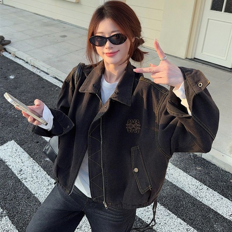 여성 빈티지 워싱 루즈핏 자수 레이스 카라 탈부착 데님 자켓 지퍼 점퍼 데일리룩 캐주얼 아우터 - 상품 이미지