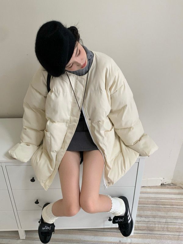 여성 심플 데일리 루즈핏 코튼 혼방 노칼라 라운드넥 싱글버튼 퀼팅 패딩 점퍼 아우터 - 상세 이미지 3