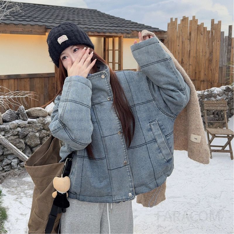 여성 빈티지 레트로 루즈핏 데님 패딩 워싱 스탠카라 숏 자켓 점퍼 아우터 퀼팅 따뜻한 두툼한 숏패딩 데일리룩 - 상품 이미지