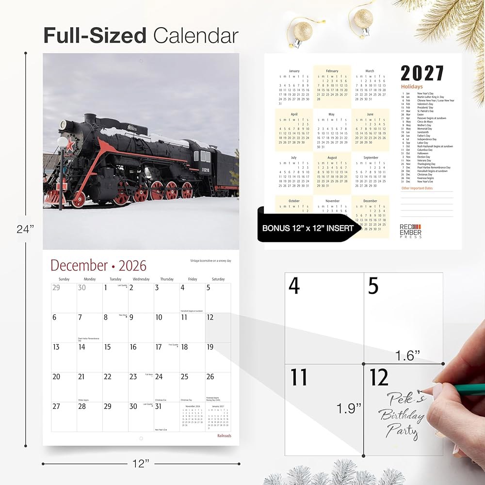 Railroads 2026 벽 달력 12개월 튼튼한 30.5cm 펼쳤을 61cm(12인치 두껍고 선물 24인치) 종이 때 01 - Railroads New 2026 - 상세 이미지 2