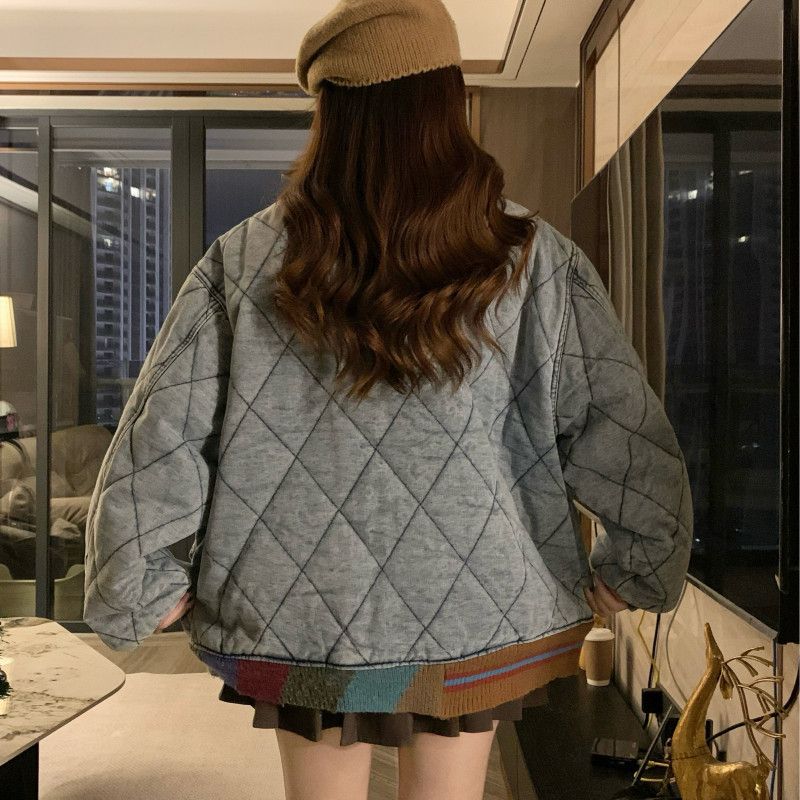 여성 빈티지 레트로 루즈핏 데님 패딩 퀼팅 패치워크 하이넥 지퍼 점퍼 자켓 아우터 스트릿 캐주얼 데일리 - 상세 이미지 5