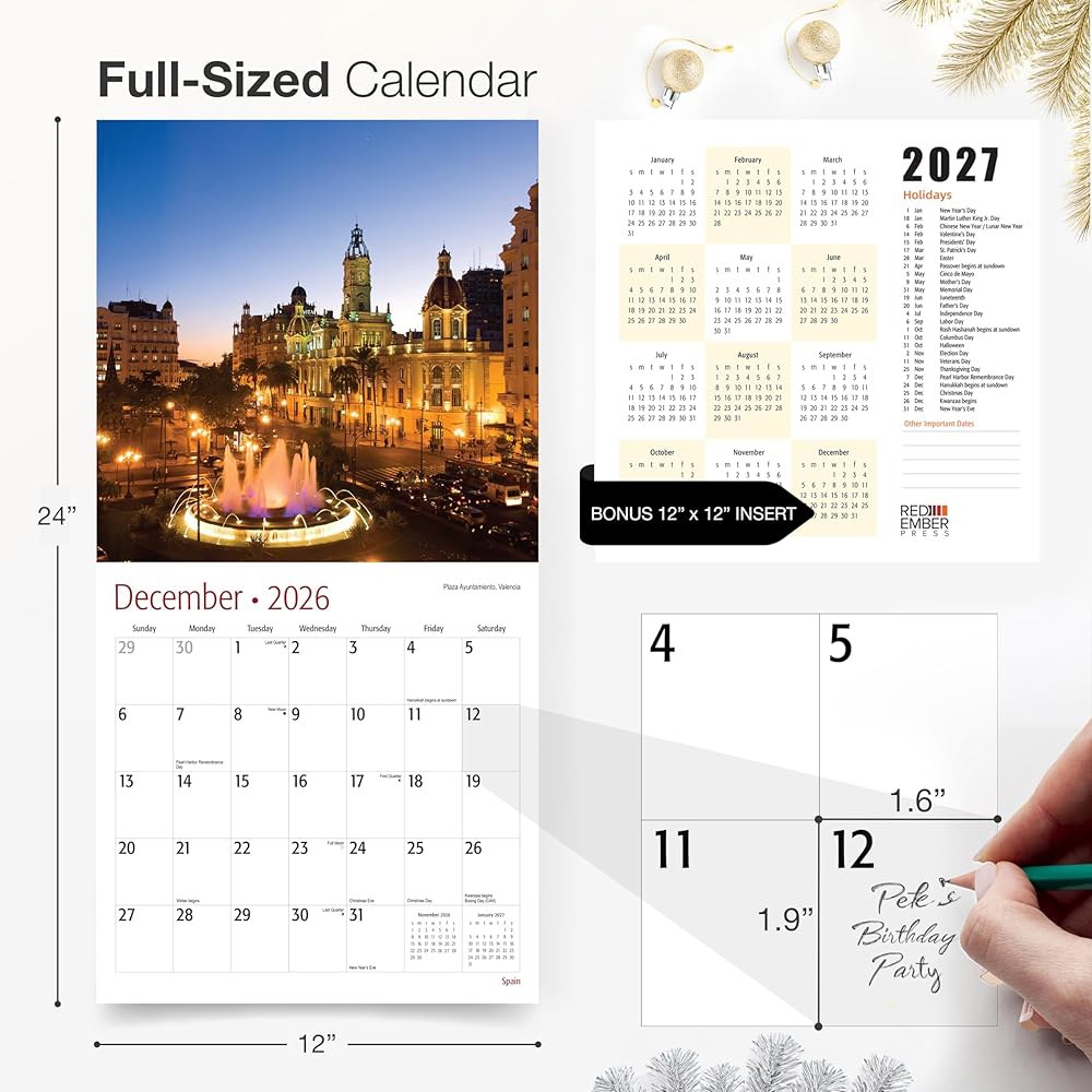 스페인 2026 벽 달력 12개월 61cm(12인치 튼튼한 때 30.5cm 24인치) 펼쳤을 두껍고 선물 종이 02 - Barcelona New 2026 - 상세 이미지 3