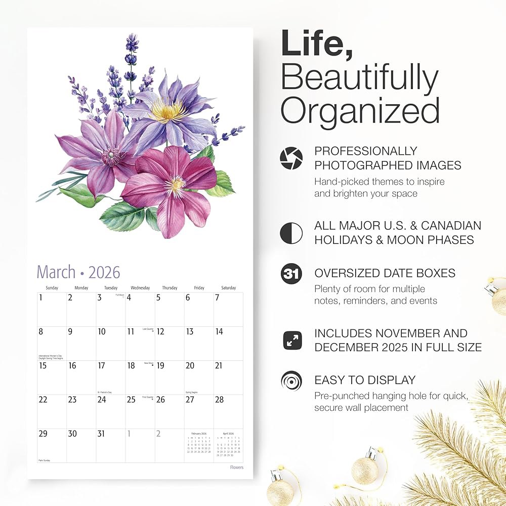 Flowers 2026 벽 달력 12개월 x 24인치) 휴일 아트 두껍고 61cm(12인치 정원 선물 자연 펼쳤을 캘린더 때 종이 튼튼한 30.5cm - 상세 이미지 3