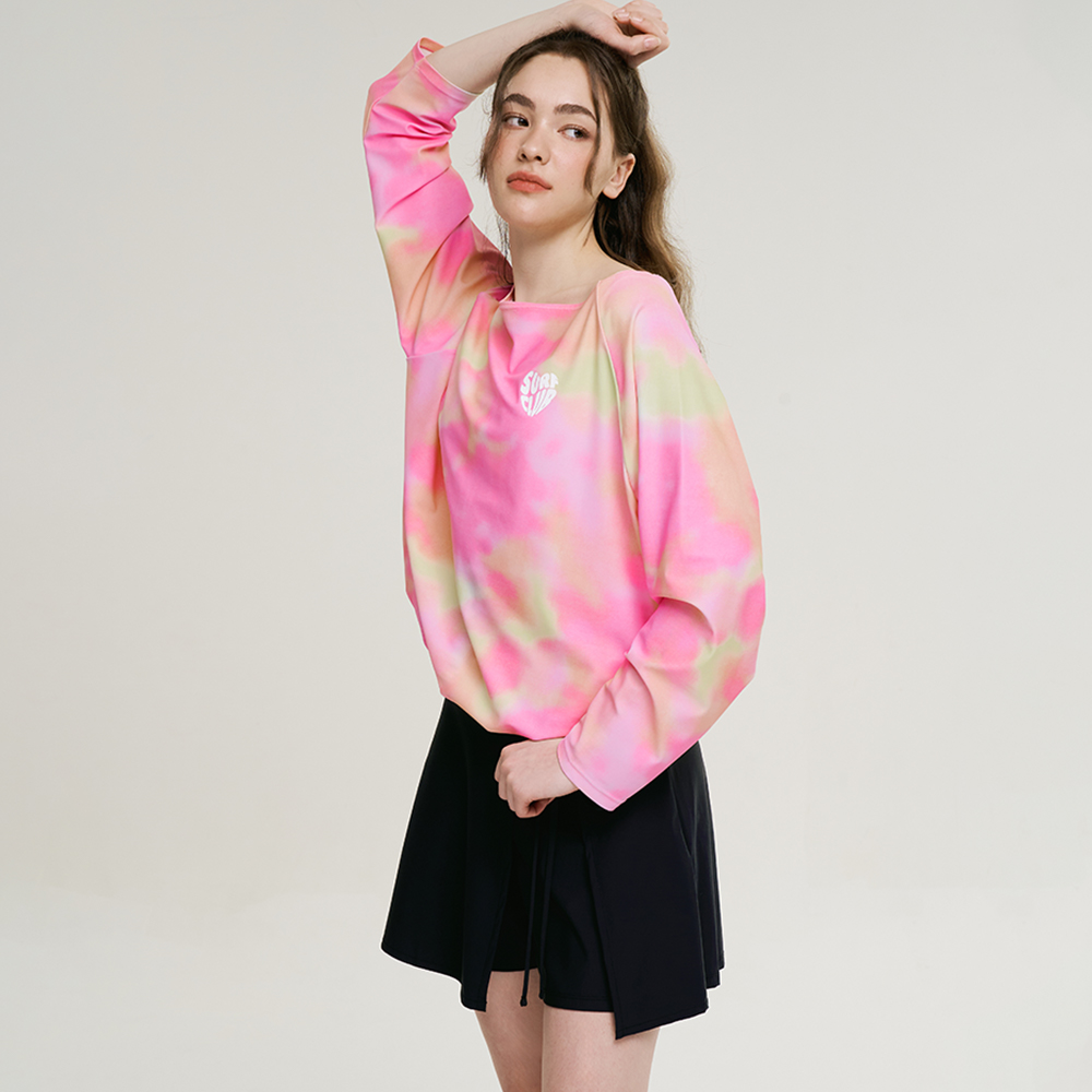 여성 코튼캔디 스트링 긴팔 래쉬가드 랩스커트 상하세트 체형커버 오버핏 핑크 - 상세 이미지 5