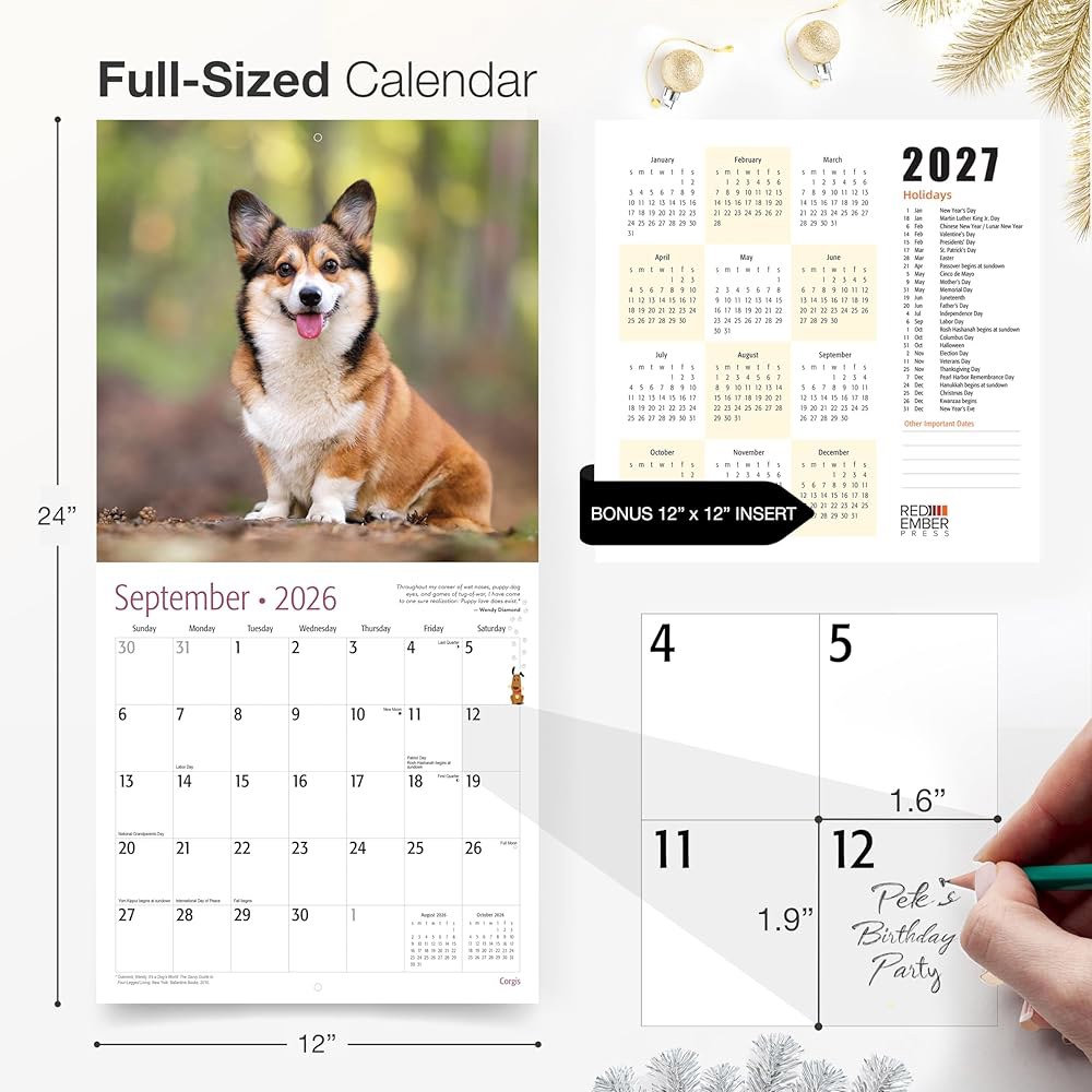 Corgis 2026 벽 달력 12개월 두껍고 61cm(12인치 종이 튼튼한 30.5cm 강아지 선물 귀여운 24인치) x 펼쳤을 때 휴일 01 - Corgis New 2026 - 상세 이미지 2