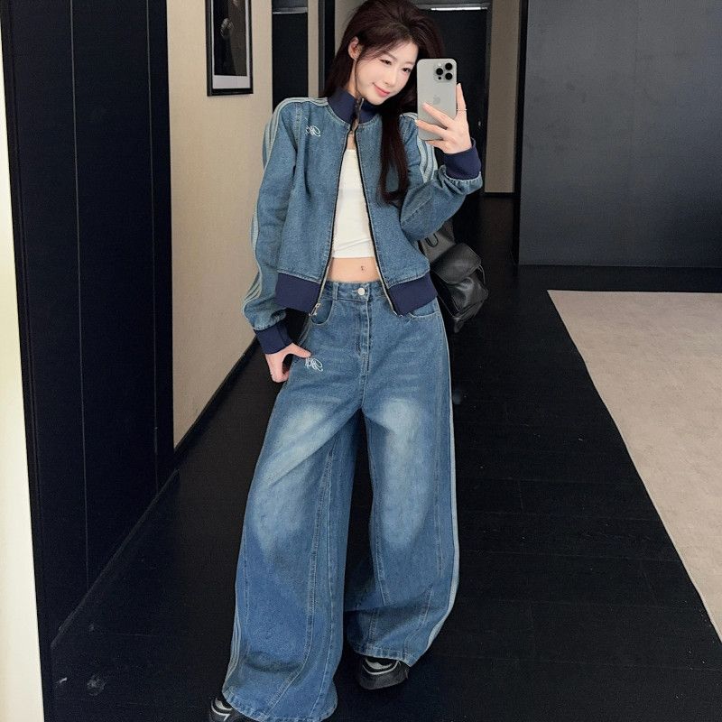 여성 스트릿 빈티지 와이드 데님 배색 라인 집업 트레이닝 자켓 긴팔 일자 팬츠 상하의 코디 아이템 데일리 유니크 - 상품 이미지