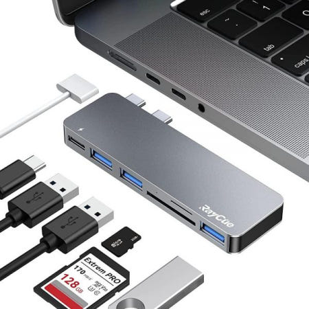 [해외]맥북 프로/에어 2020 2019 2018용 USB C 허브 어댑터, 프로 13인치 및 15인치와 호환되는 6 in 1 USB-C 액세서리, 3.0 포트 3개, TF/SD