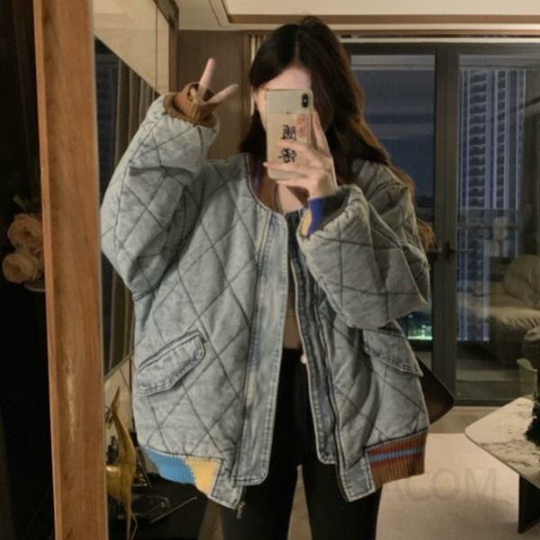 여성 빈티지 레트로 루즈핏 데님 패딩 퀼팅 패치워크 하이넥 지퍼 점퍼 자켓 아우터 스트릿 캐주얼 데일리 - 상품 이미지
