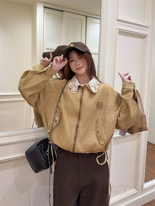 여성 빈티지 워싱 루즈핏 자수 레이스 카라 탈부착 데님 자켓 지퍼 점퍼 데일리룩 캐주얼 아우터 - 상세 이미지 4