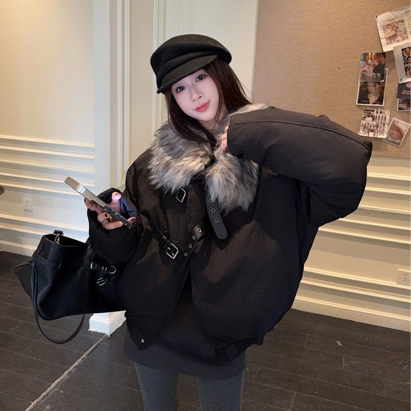 여성 빈티지 레트로 루즈핏 덤블 퍼카라 벨티드 크롭 숏패딩 점퍼 아우터 데일리 오피스룩 출근룩 하객룩 포근한 - 상품 이미지