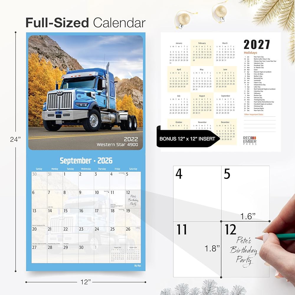 Big Rigs 2026 벽 달력 종이 61cm(12인치 튼튼한 30.5cm 펼쳤을 선물 x 두껍고 24인치) 때 12개월 01 - Big Rigs New 2026 - 상세 이미지 2