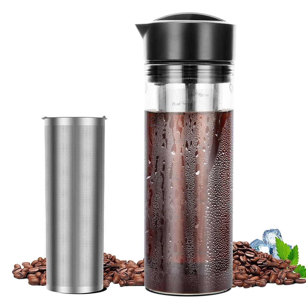 YMMIND 25온스 콜드 브루 커피 메이커 4컵 용량 티 메이커, 아이스 포트, 냉열 저항 붕규산염 유리 카라페, 스테인리스 스틸 메쉬 필터 바구니 및 블랙 프레시시쉬 뚜껑 - 상품 이미지