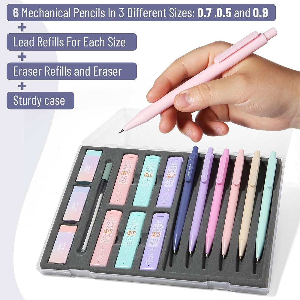 미스터 펜- 납 리필 및 지우개가 포함된 파스텔 샤프 세트, 6팩, 3사이즈, 0.5 0.7 0.9mm, 에스테틱 - 상세 이미지 2