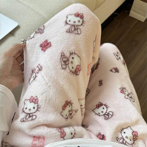 솜사탕 핑크 잠옷 바지 기모 극세사 고양이 캐릭터 파자마 밴딩바지 - 상품 이미지