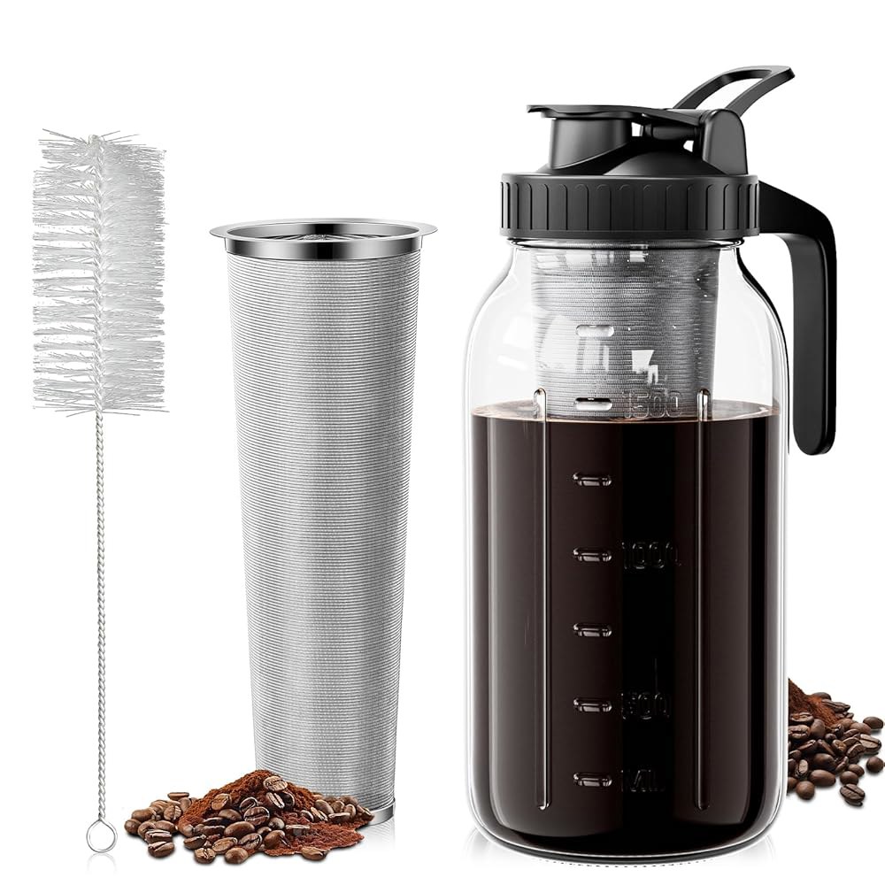 VA1KENE 콜드 브루 커피 메이커 64oz, 304 스테인리스 스틸 필터가 장착된 아이스 메이커, 뚜껑이 있는 메이슨 병 피처(블랙) Black - 상품 이미지