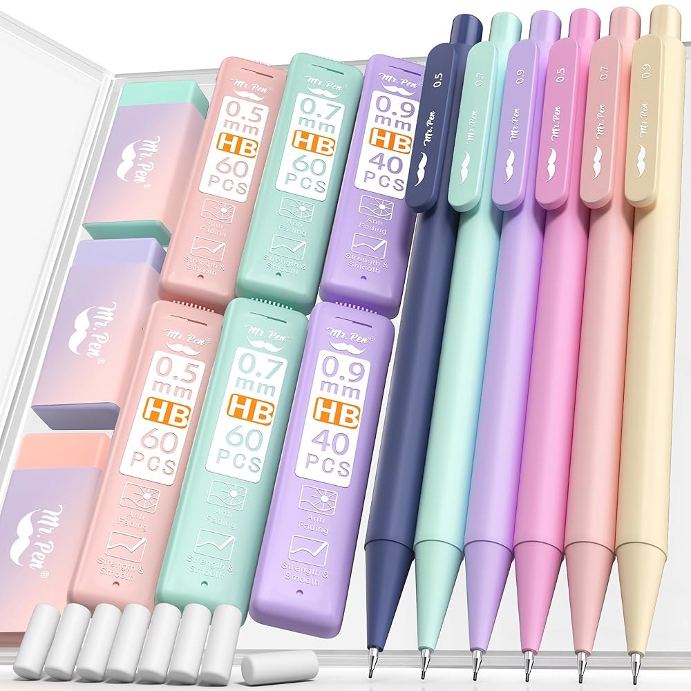 미스터 펜- 납 리필 및 지우개가 포함된 파스텔 샤프 세트, 6팩, 3사이즈, 0.5 0.7 0.9mm, 에스테틱 - 상품 이미지