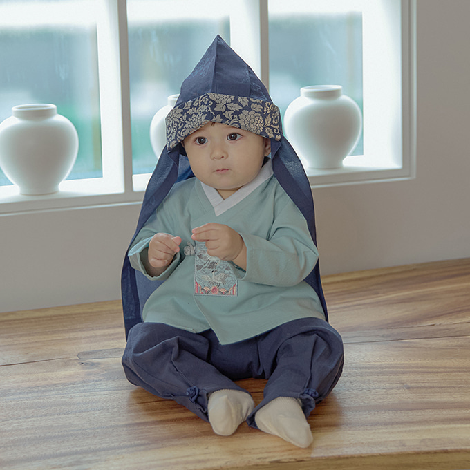 청오 아기 한복 세살 돌 5살 아동 면 블루 편안한복 - 상품 이미지