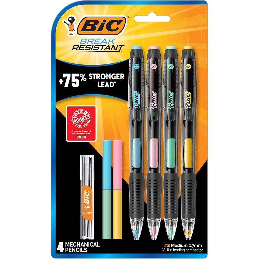지우개가 있는 BIC 파손 방지 샤프, 2번 중간 지점(0.7mm), 학교 또는 사무용품용 4인용 팩 연필, 납 및 지우개 리필 - 상품 이미지