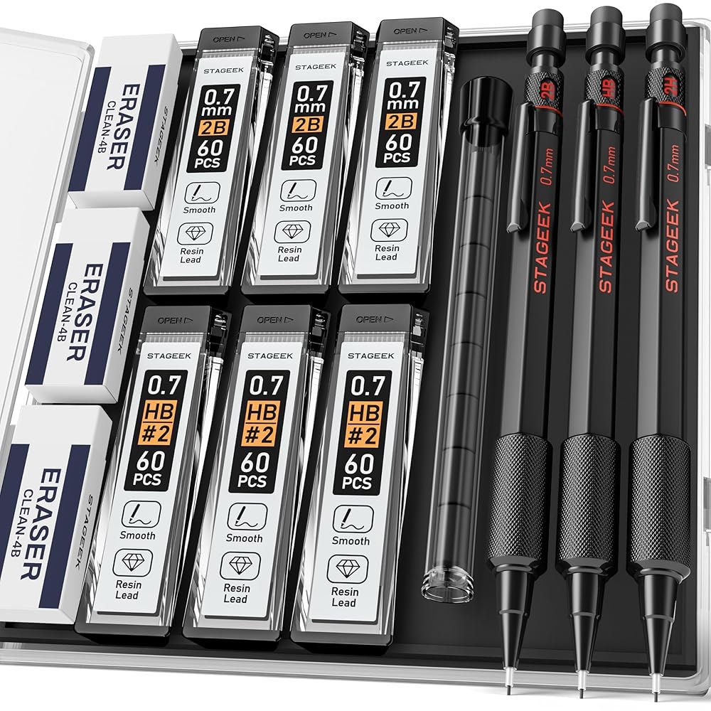 STAGEEK 0.7mm 기계 연필 세트, 6개의 튜브 HB 및 2B 리드 리필, 지우개, 야외 필기 제도용 케이스가 있는 3PCS 금속 0.5 MM 13 PCS - 상품 이미지