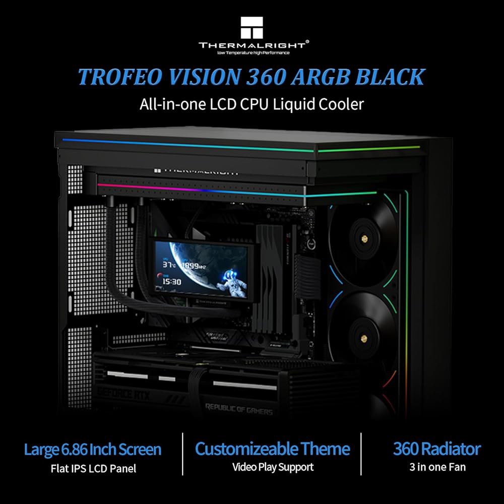Thermalright Trofeo Vision 360 ARGB 블랙 CPU AIO 쿨러, 6.86인치 LCD 롱스크린 고성능 360mm 수냉식 라디에이터, 1280x480 해상도 - 상세 이미지 2