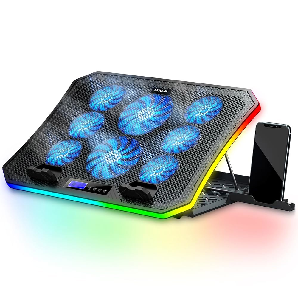 책상과 무릎 사용을 위한 노트북 쿨링 패드 RGB 게이밍 쿨러, 8개의 조용한 팬과 휴대폰 홀더가 있는 조절 가능한 높이, 15.6-17.3인치 - 블루 LED 조명 Blue - 상품 이미지