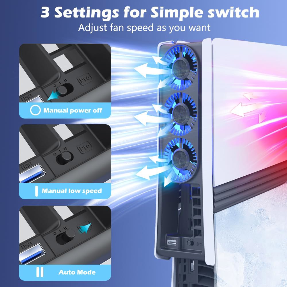 PS5 Pro용 냉각 팬, 효율적인 냉각기, 3개의 팬과 동적 속도 제어 및 스마트 슬립 모드, USB 3.0 포트가 있는 초조용한 스테이션, Pro 콘솔 2024 에디션 전용 - 상세 이미지 3