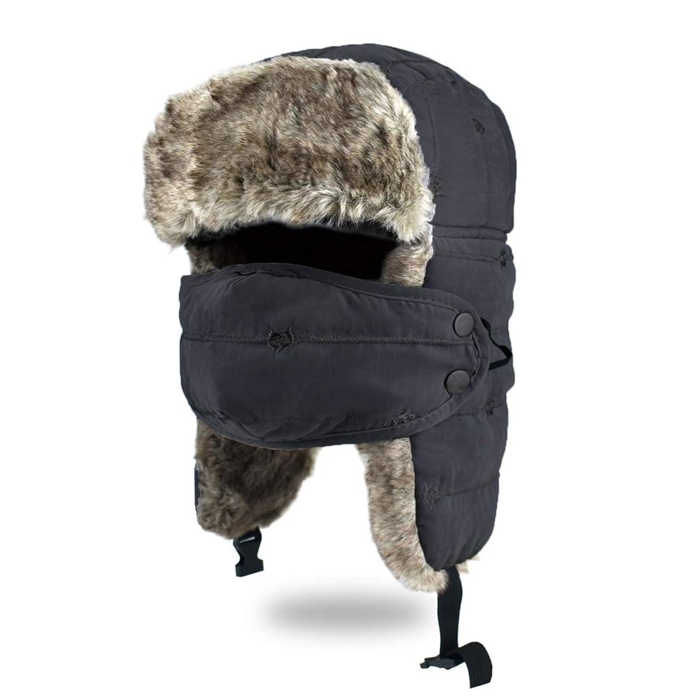 브로투 트래퍼 모자, 귀마개와 마스크가 달린 겨울용 웜 트루퍼 남성/여성용 겨울 모피 안감 우산 모자 Dark Black - 상품 이미지