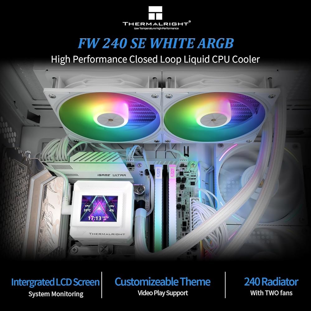 Thermalright FW240 SE ARGB 화이트 CPU AIO 쿨러, PC 240 사양 워터 쿨러 시스템, 320 해상도의 IPS LCD 화면, AM5, 인텔 LGA1700 - 상세 이미지 2