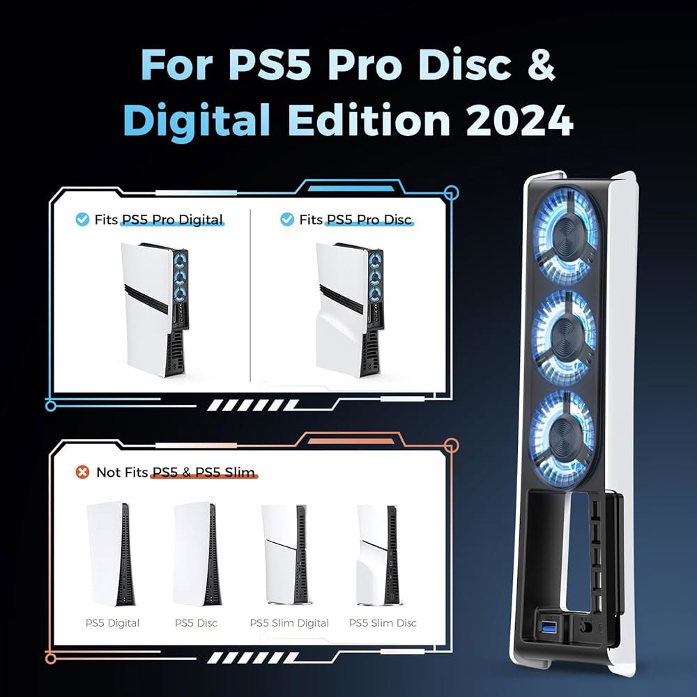 PS5 Pro 액세서리용 냉각 팬 3종, 속도 조절이 가능한 업그레이드된 조용한 팬, LED 및 컨트롤러 USB 포트, / 슬림용이 아닌 PlayStation5 전용으로 효율적인 - 상세 이미지 2