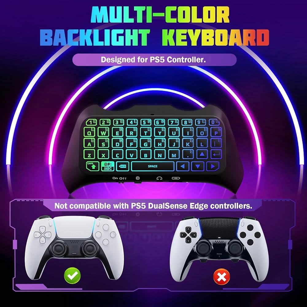 PS5 컨트롤러용 TiMOVO RGB 백라이트 키보드, PlayStation 5 무선 블루투스 키패드 채팅패드, 미니 멀티 컬러 게임 키보드 내장 3.5mm 오디오 잭, 블랙 - 상세 이미지 2