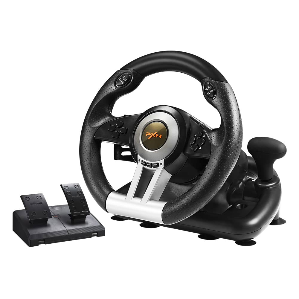 PS3, PS4, Xbox One, Series X/S, 스위치(블랙)용 페달이 있는 PXN PC 레이싱 휠, V3II 180도 유니버설 USB 자동차 심 레이스 스티어링 - 상품 이미지